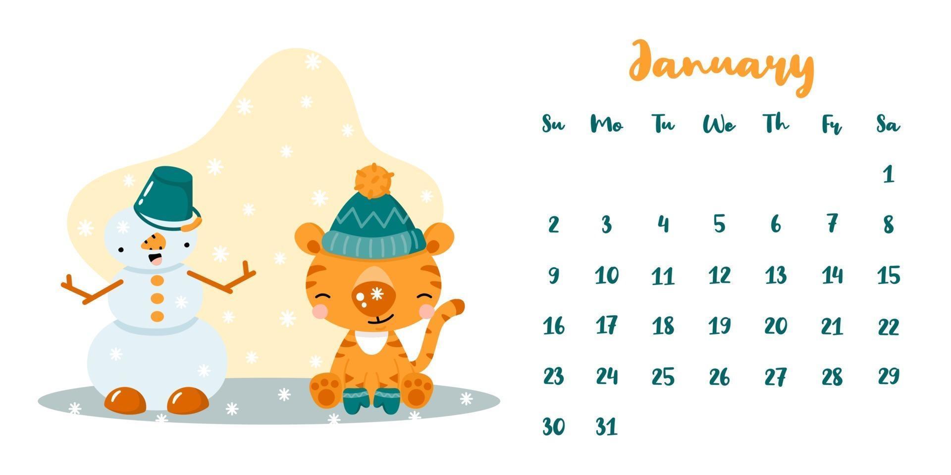 calendario para enero de 2022 con tigre de dibujos animados lindo y muñeco de nieve vector