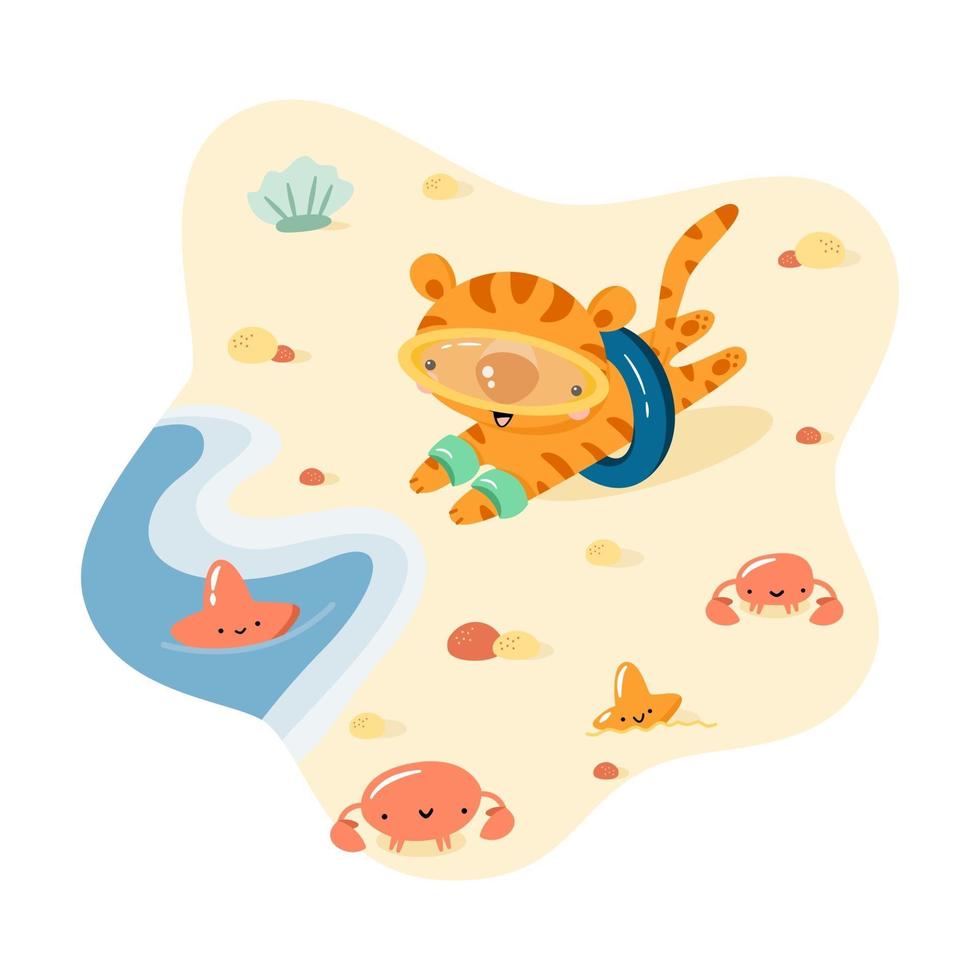 Cute cartoon tiger on the beach vector