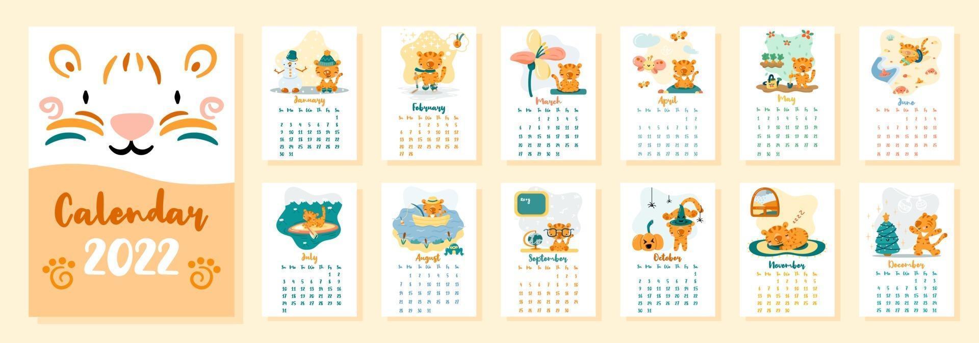 Vertical calendar 2022 with cute cartoon tigers vector