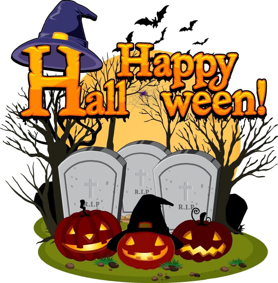 feliz halloween con jack-o'-lantern en el cementerio vector