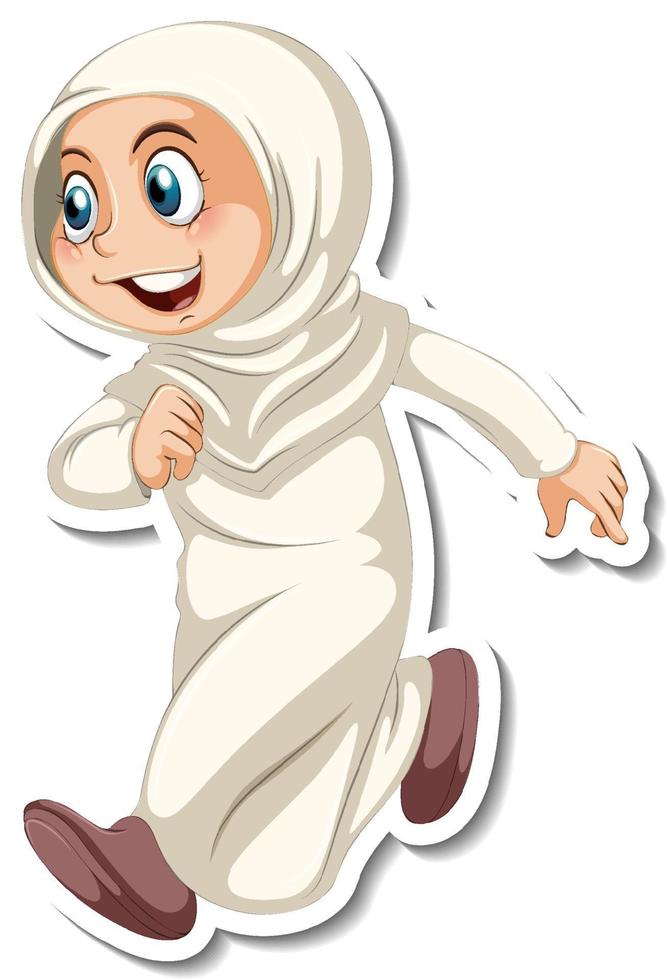 A sticker template with Muslim girl in walking pose vector