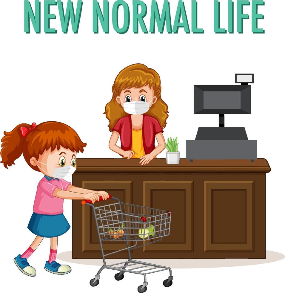 New Normal Life with a girl pushes shopping cart vector