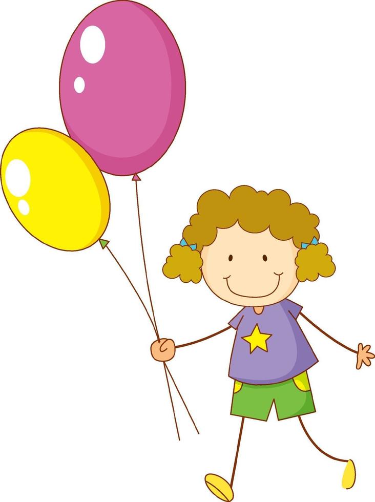 A doodle kid holding balloons cartoon character isolated vector