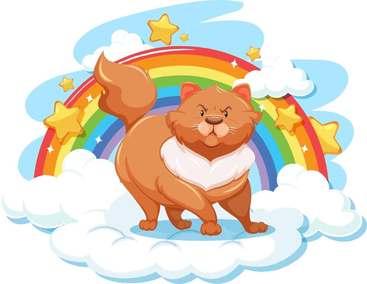 Chubby cat on the cloud with rainbow vector