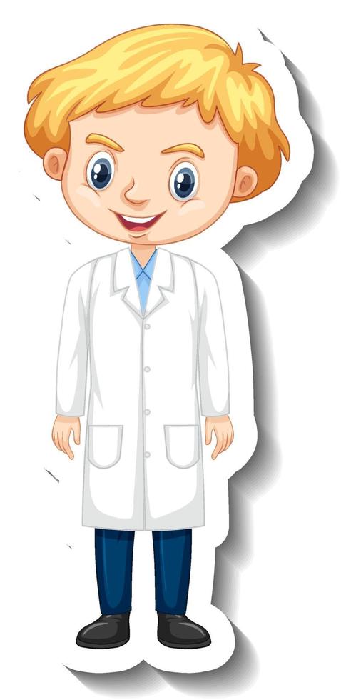 Cartoon character sticker with a boy in science gown vector