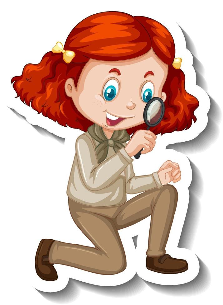 Girl in safari outfit using magnifying glass cartoon character sticker vector