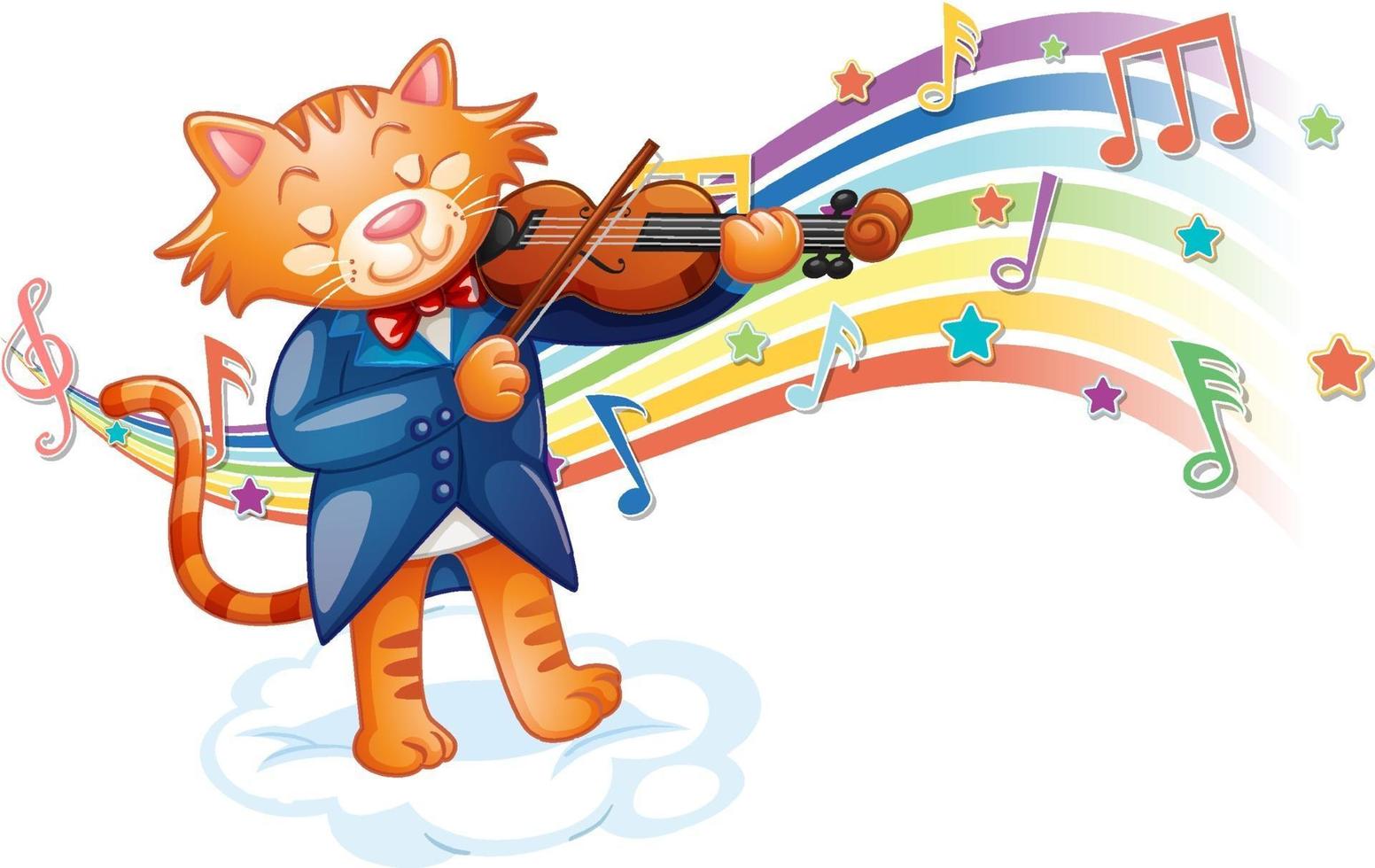 Cat playing violin with melody symbols on rainbow wave vector