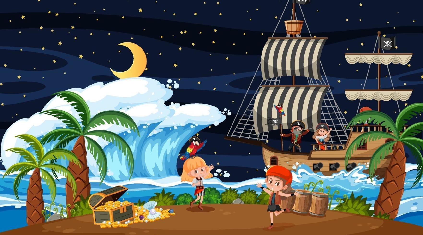 escena de la isla del tesoro en la noche con niños piratas vector