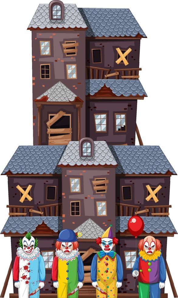 Creepy clowns standing in front of an abandoned building vector