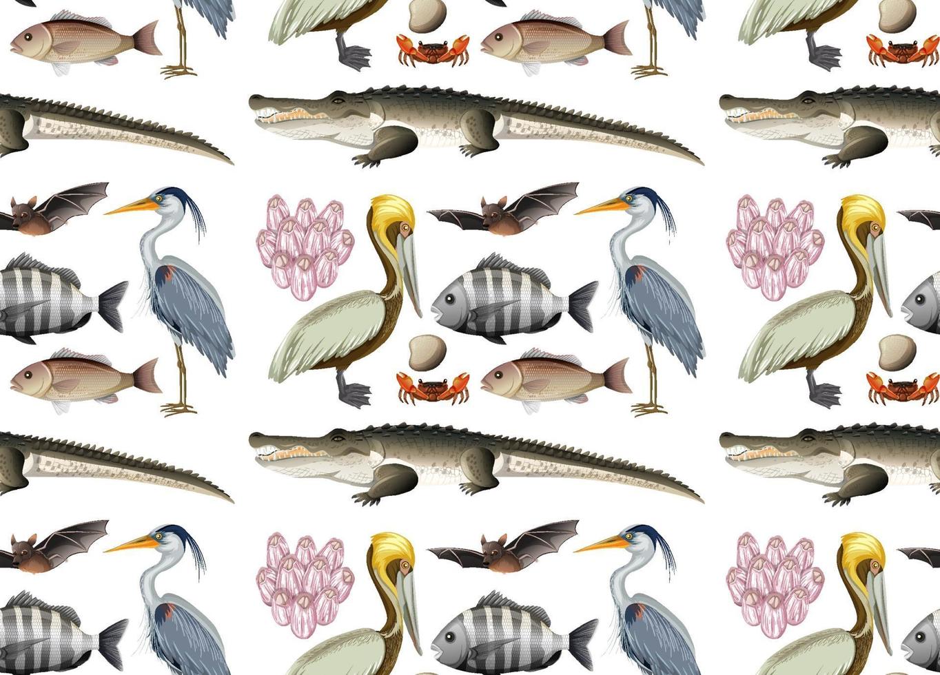 Seamless pattern with various mangrove animals in cartoon style vector