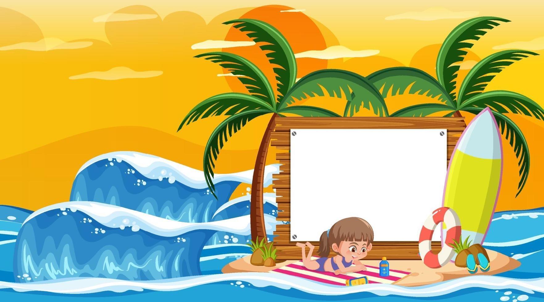 Plantilla de banner vacío con niños de vacaciones en la escena del atardecer en la playa vector