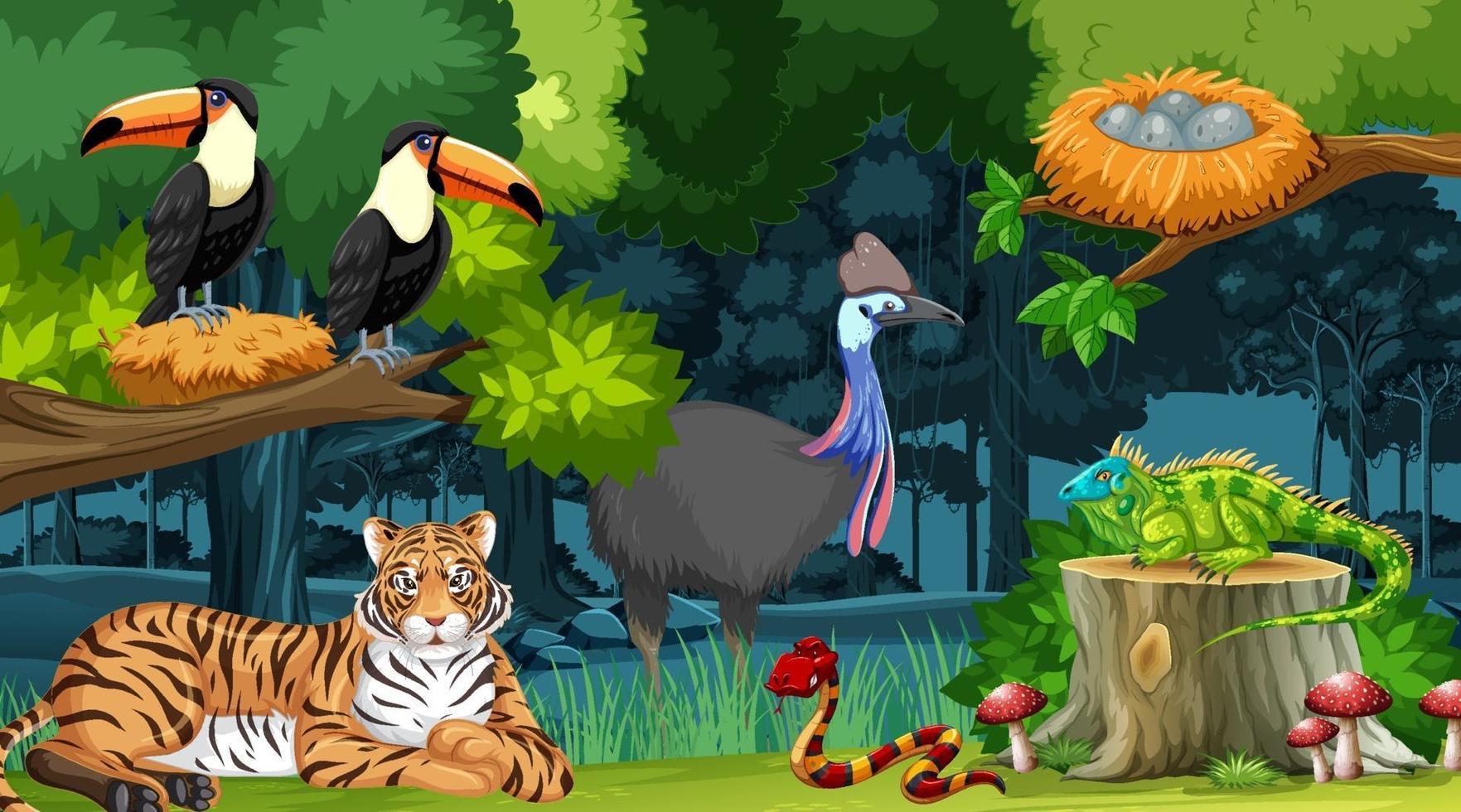Wild animals in forest landscape background vector