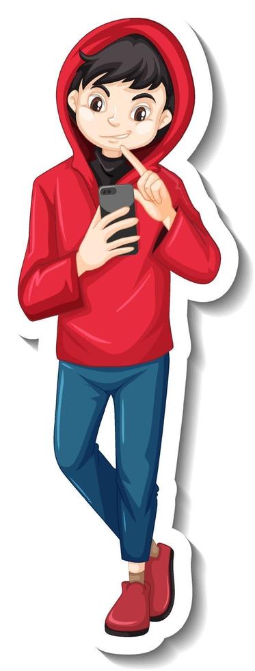 A young man in red hoodie looking at smartphone on white background vector