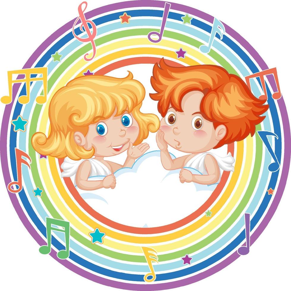 Cupid couple in rainbow round frame with melody symbol vector