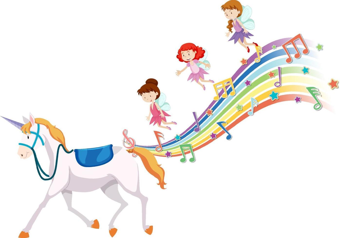 Unicorn and many fairies on the cloud with rainbow vector