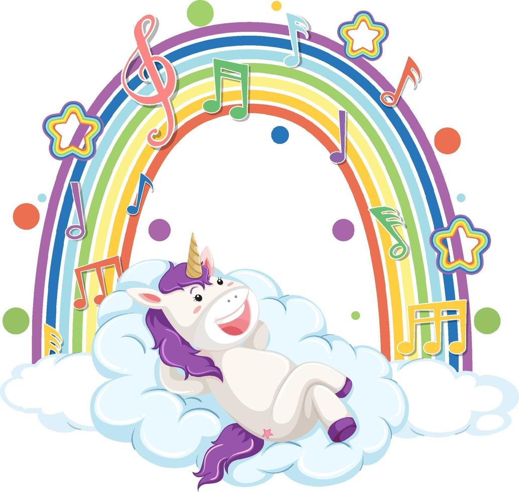 Unicorn laying on cloud with rainbow and melody symbol vector