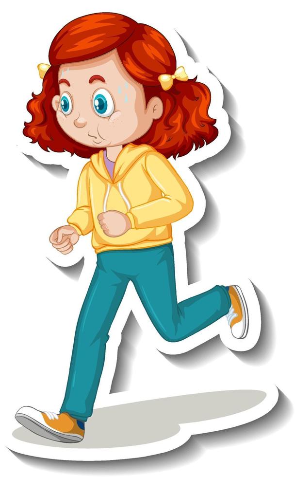 Pegatina de personaje de dibujos animados con una niña corriendo sobre fondo blanco vector