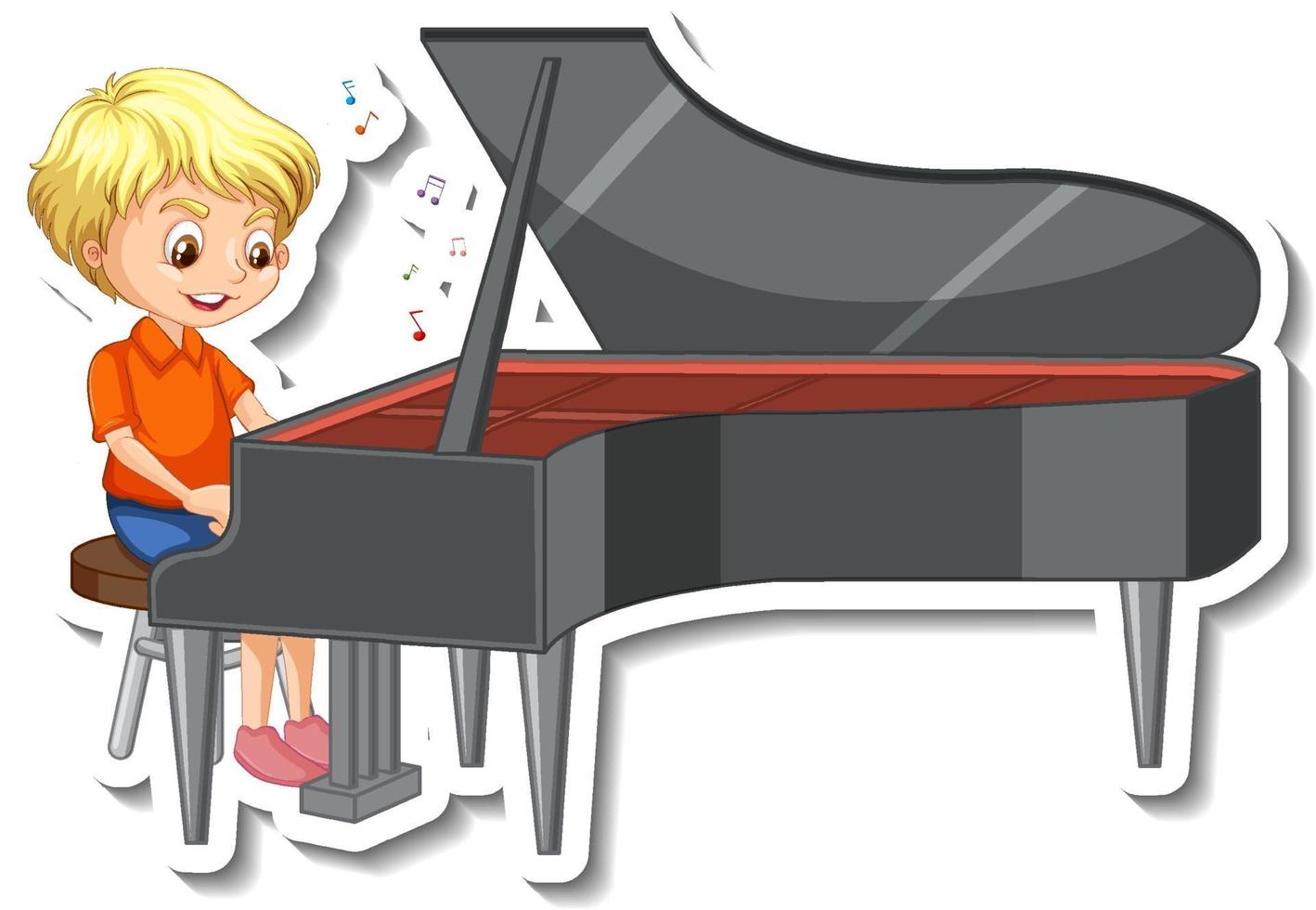 Diseño de pegatinas con un niño tocando el piano. vector