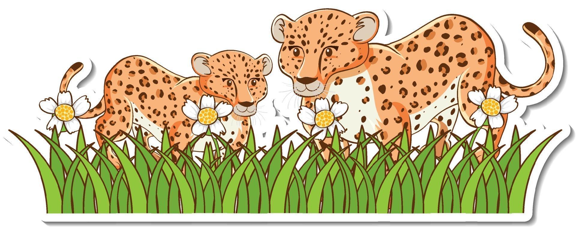 Mamá y bebé leopardo de pie en el campo de hierba pegatina vector