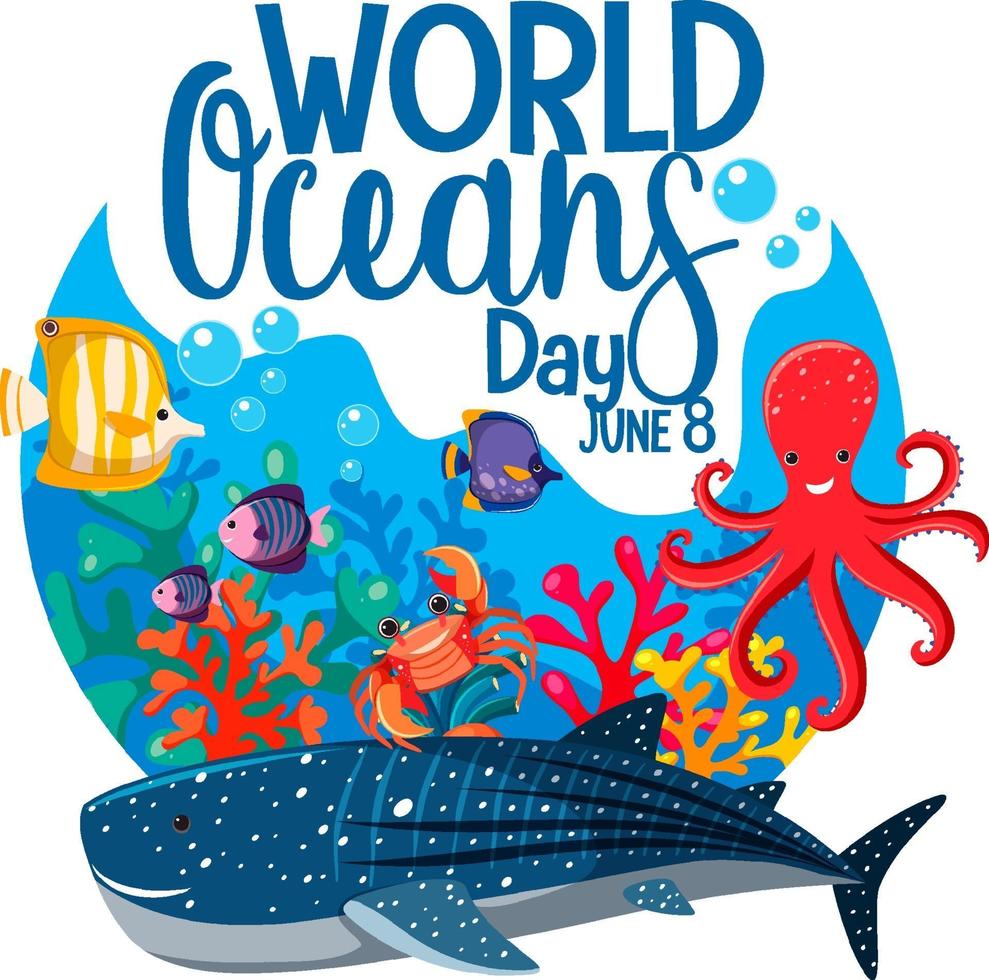 banner del día mundial del océano con diferentes animales marinos vector