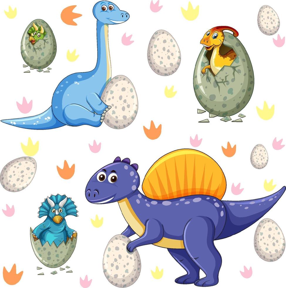 Set of various dinosaurs cartoon character on white background vector
