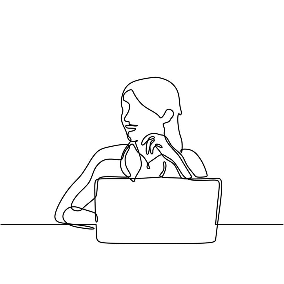 mujer que trabaja con la computadora portátil, dibujo de línea continua vector
