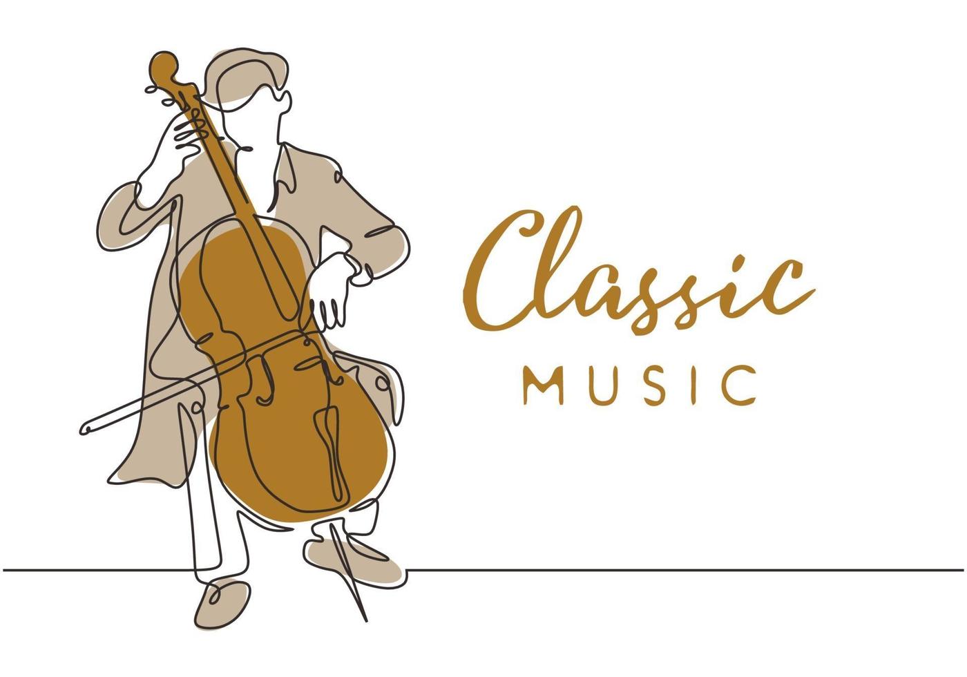 Classic music one line drawing, a man play cello instrument vector
