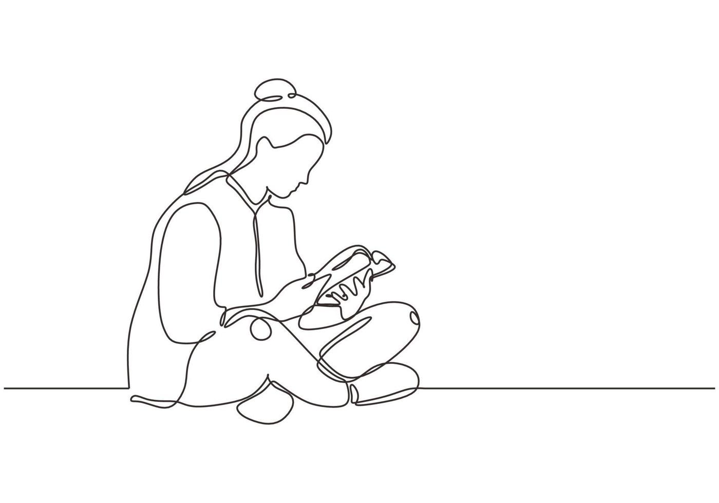 Girl reading book one line drawing vector
