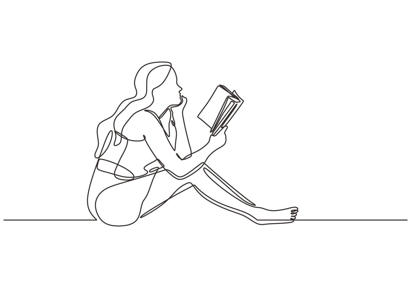 Young girl woman reading book one line drawing vector