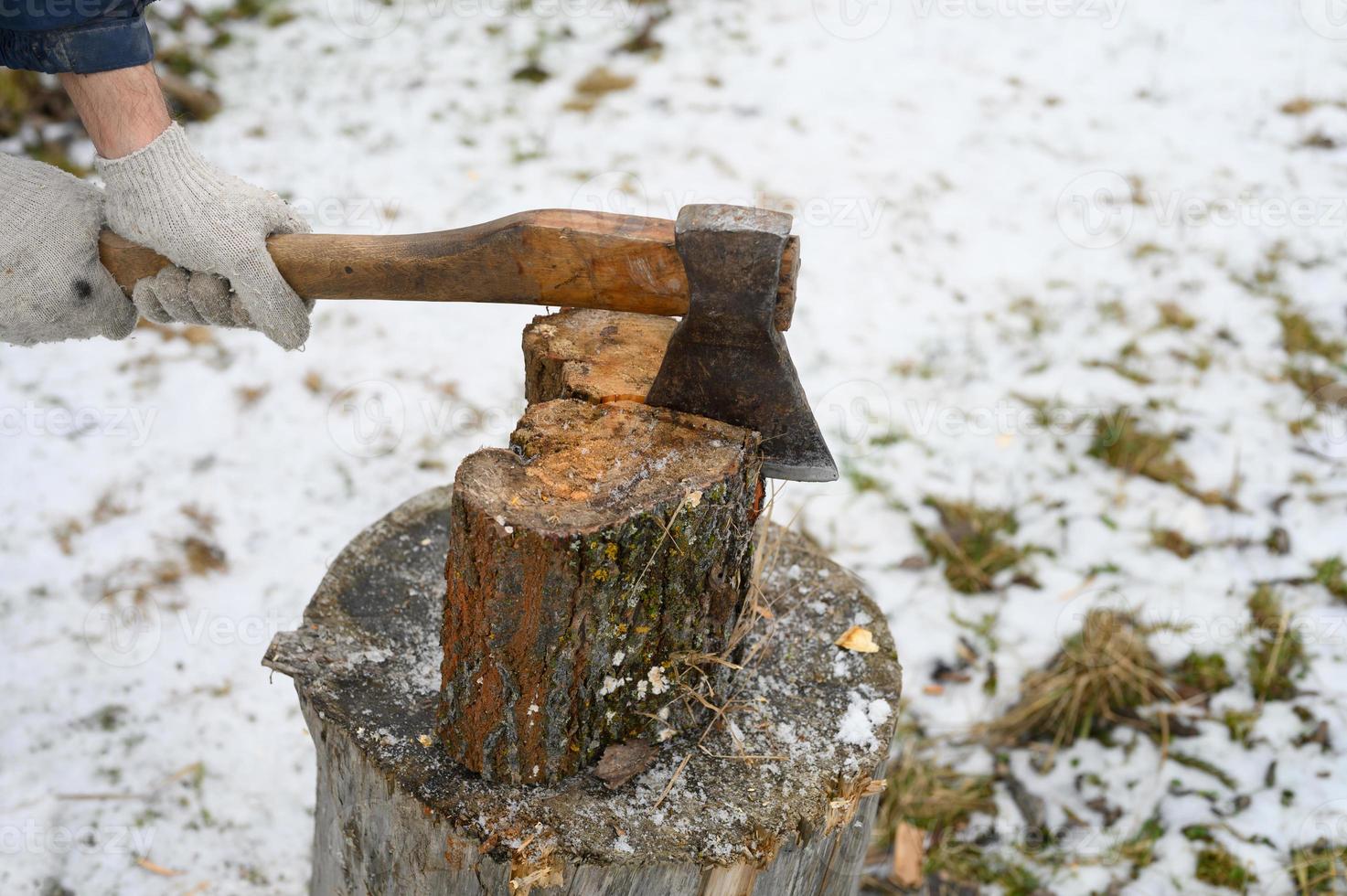 Axe hatchet cut wood winter photo