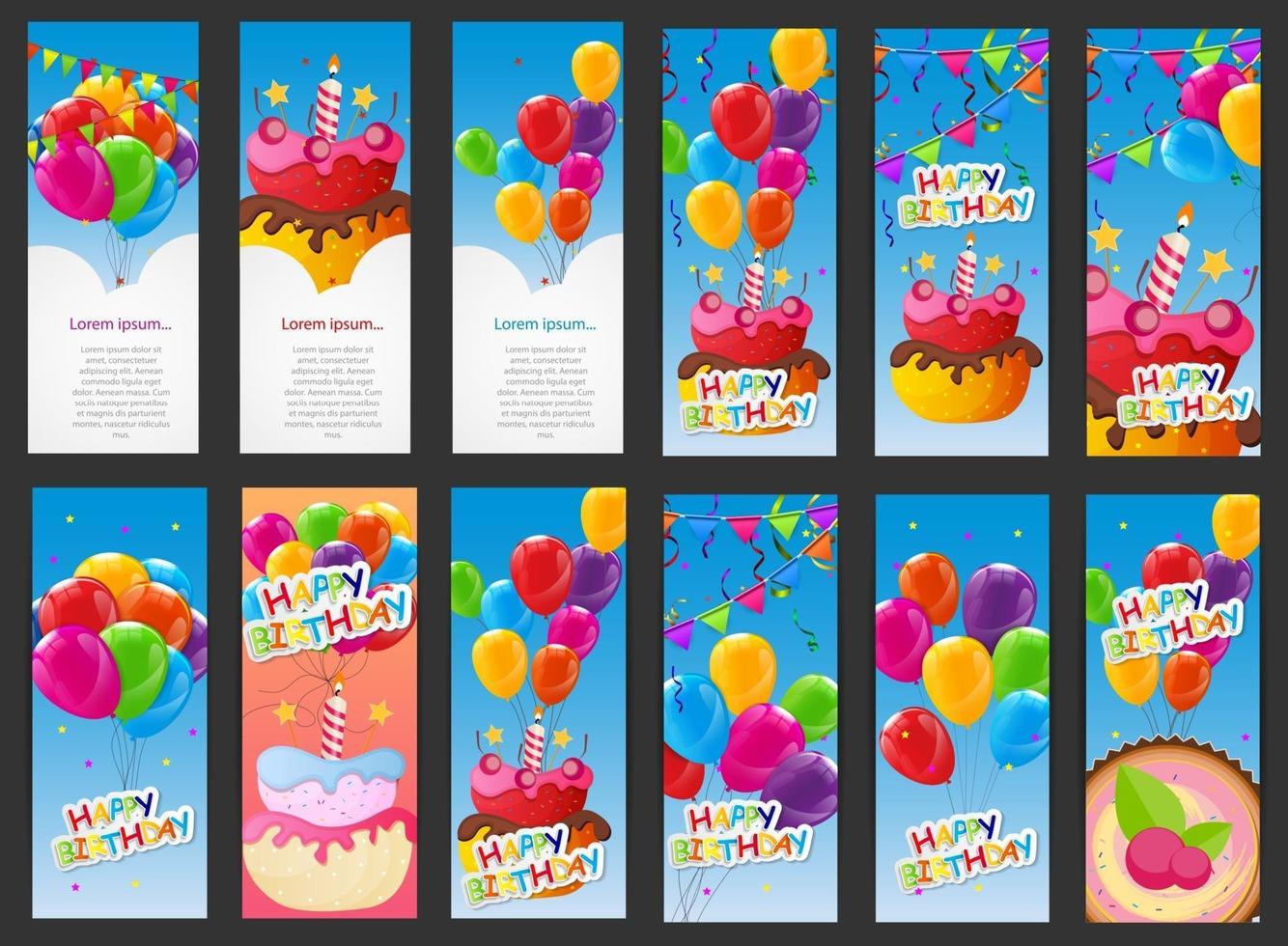 Happy Birthday Card Template with Balloons, Cake and Candle vector