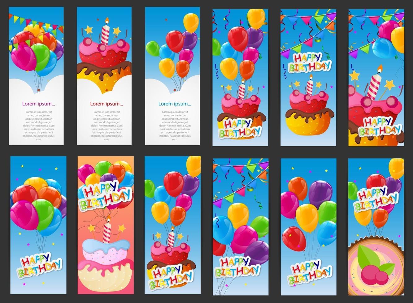 Plantilla de tarjeta de feliz cumpleaños con globos, pastel y vela vector