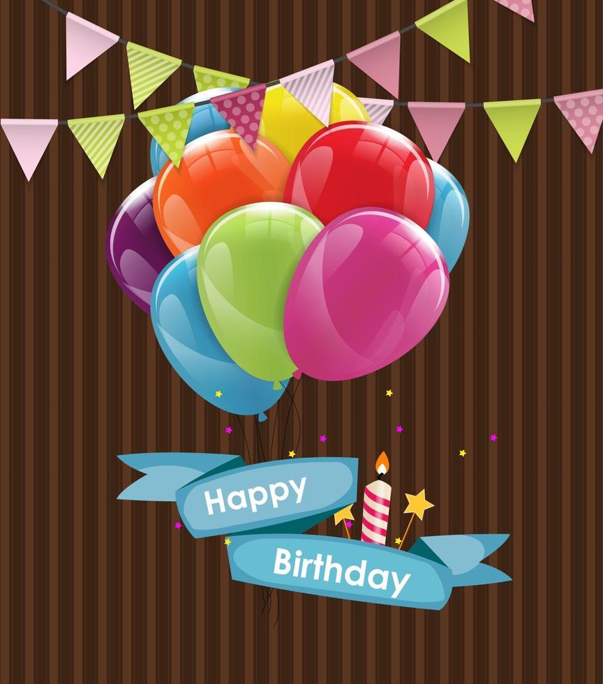 Happy Birthday Card Template with Balloons, Ribbon and Candle vector