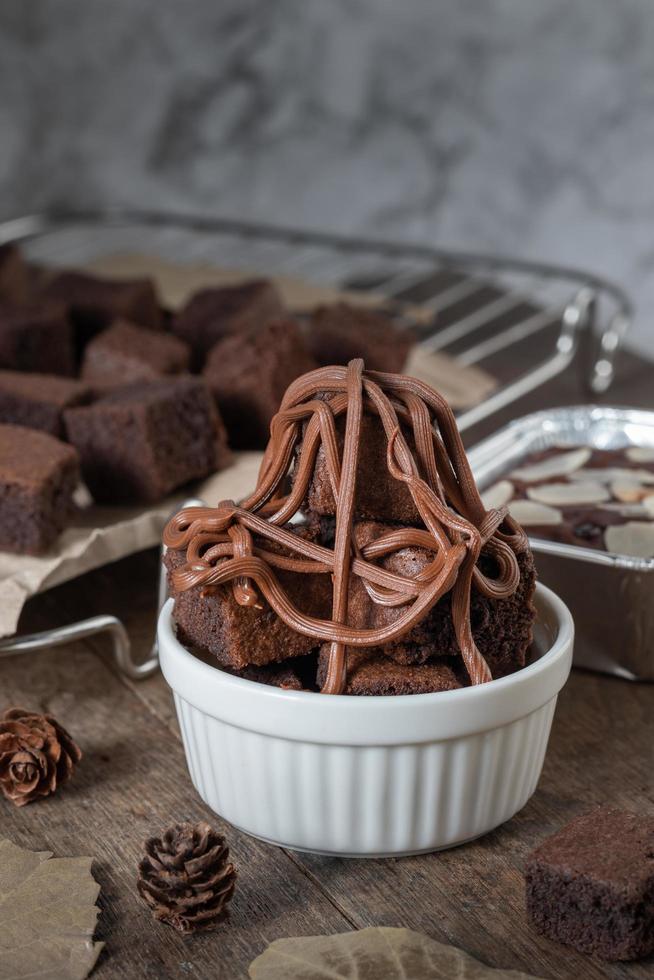 close up Chocolate brownie cake, dessert with milk photo