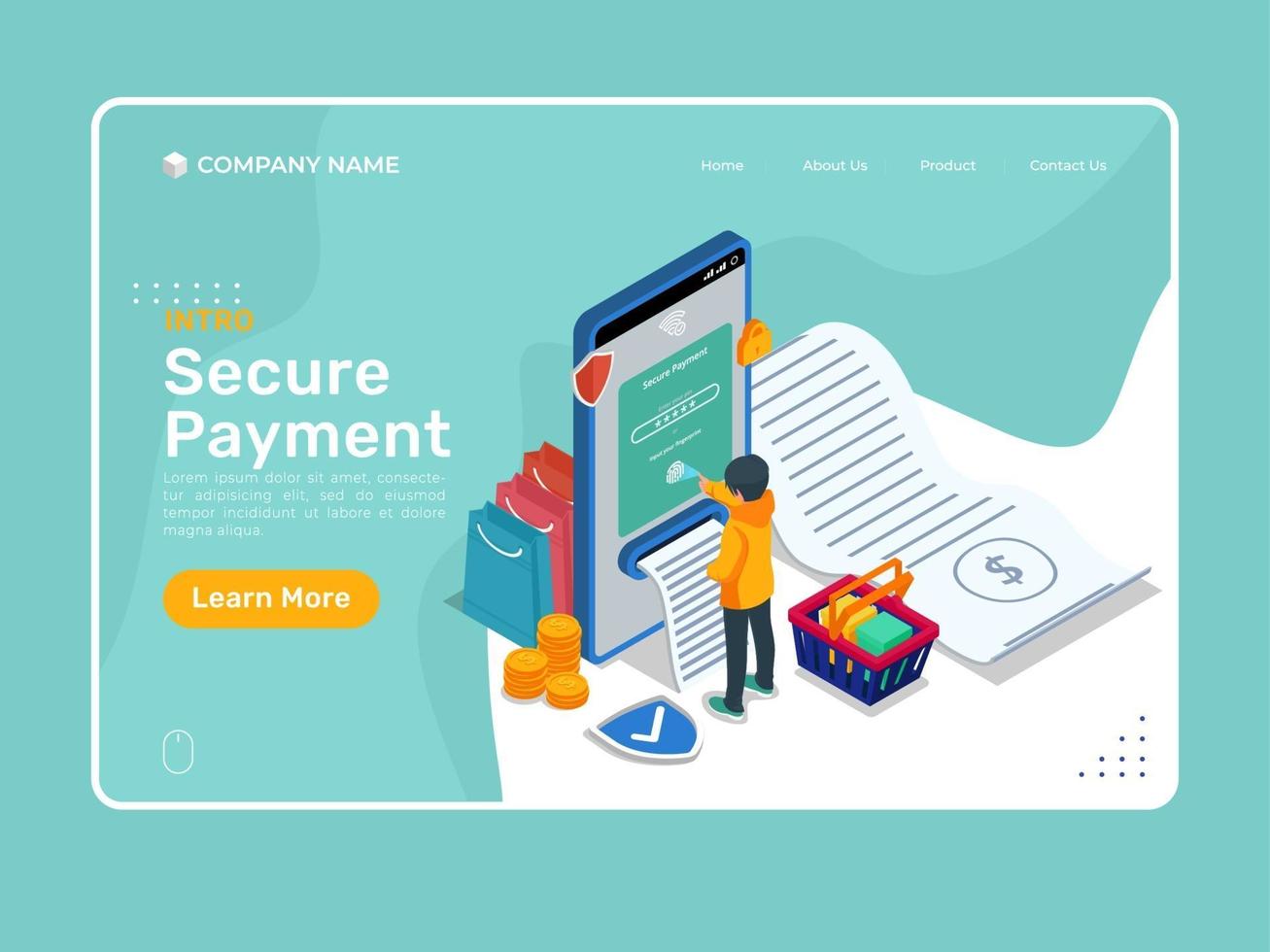 Isometric secure payment illustration with mobile phone. vector