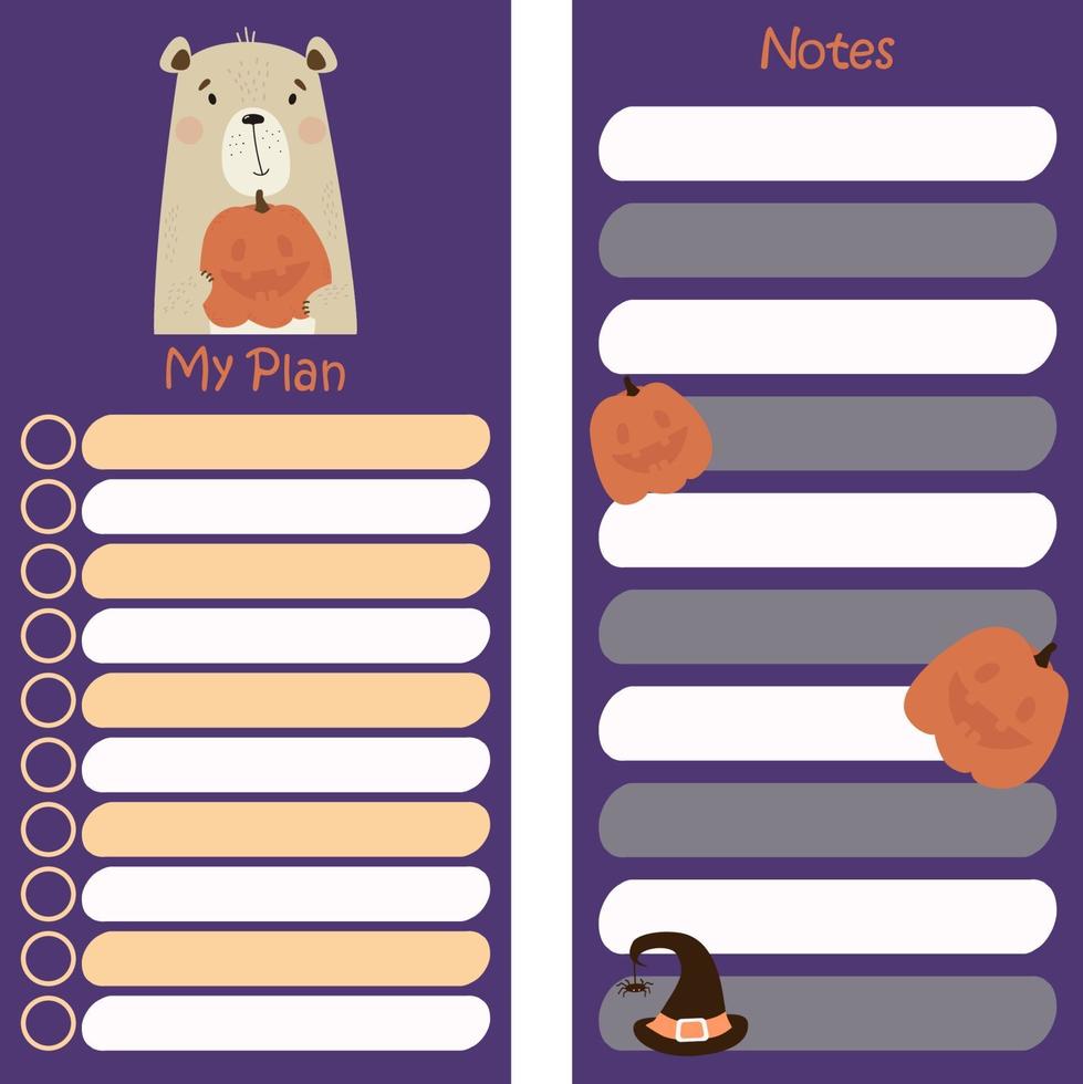 Autumn planner organizer with cute bear with pumpkin for Halloween vector