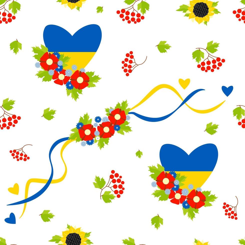 Seamless pattern with yellow-blue hearts, with floral wreath vector