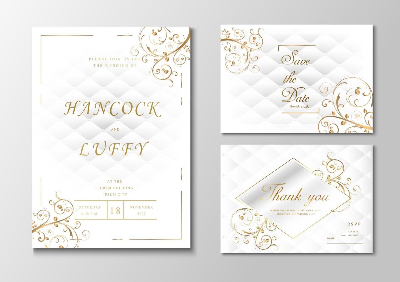 Plantilla de tarjeta de invitación de boda elegante de blanco y oro. vector