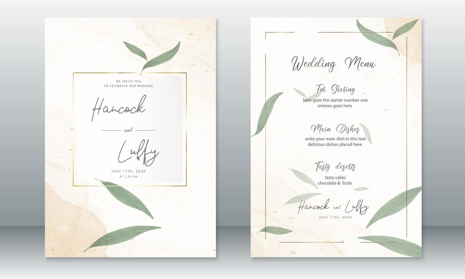 Luxury wedding invitation card template watercolor background vector