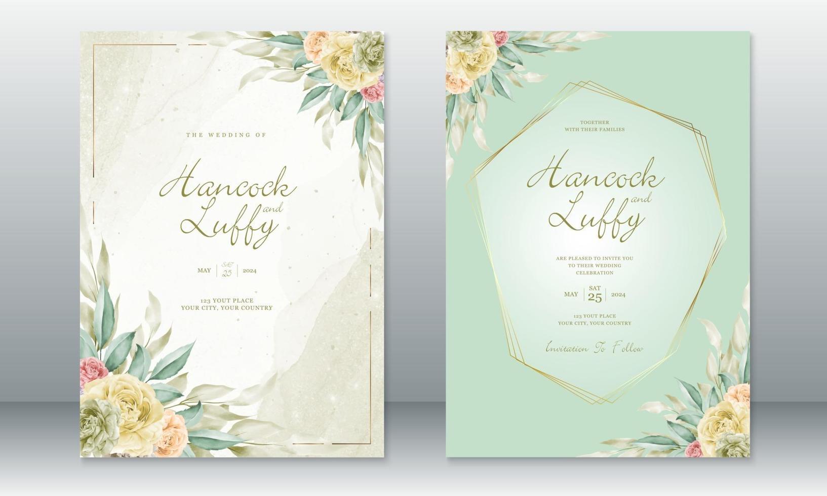 Wedding invitation card of green with golden frame vector