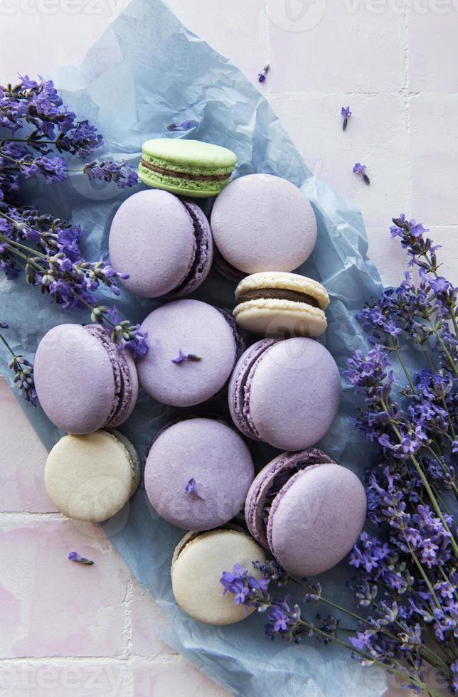 French macarons with lavender flavor and fresh lavender flowers photo