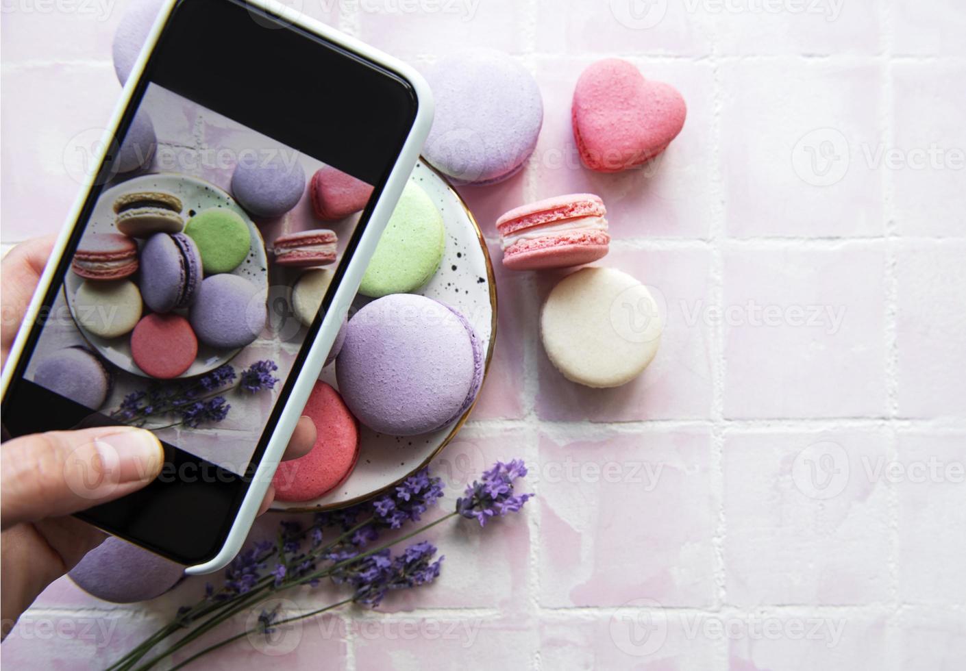 Photo of French desserts macaroon with lavender taken on a smartphone