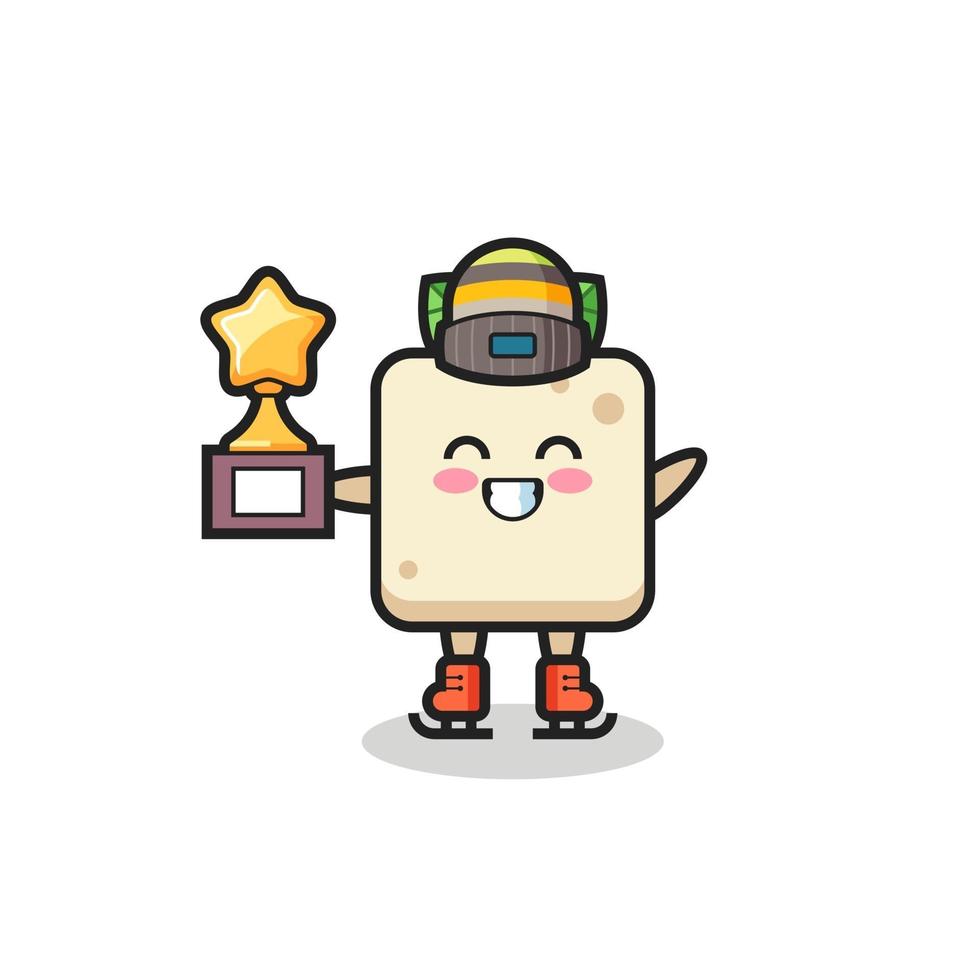 tofu cartoon as an ice skating player hold winner trophy vector