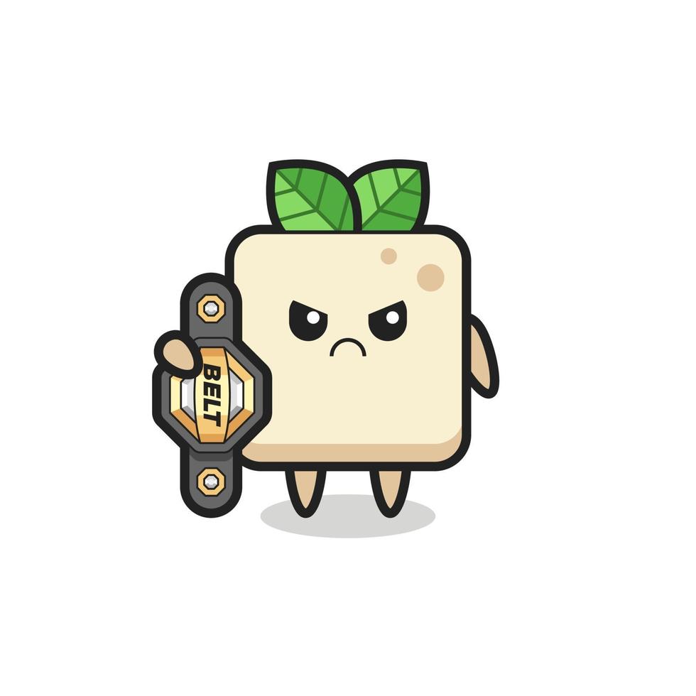 personaje de mascota de tofu como un luchador de mma con el cinturón de campeón vector