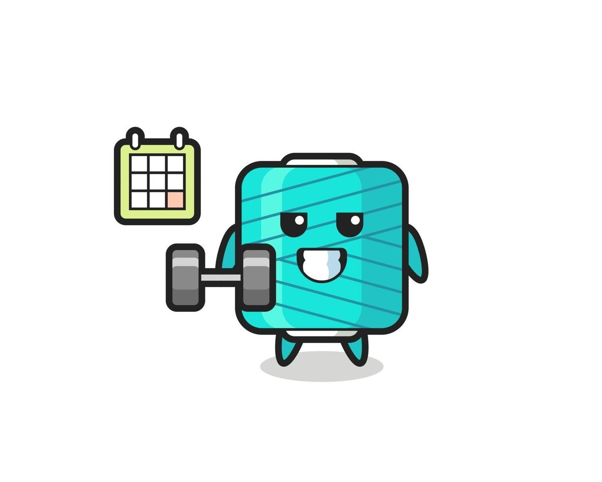 yarn spool mascot cartoon doing fitness with dumbbell vector