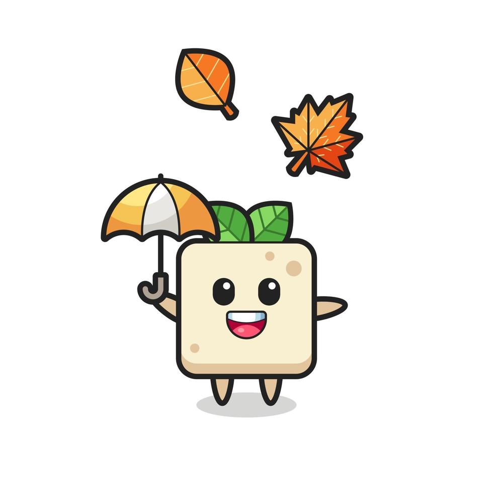 cartoon of the cute tofu holding an umbrella in autumn vector