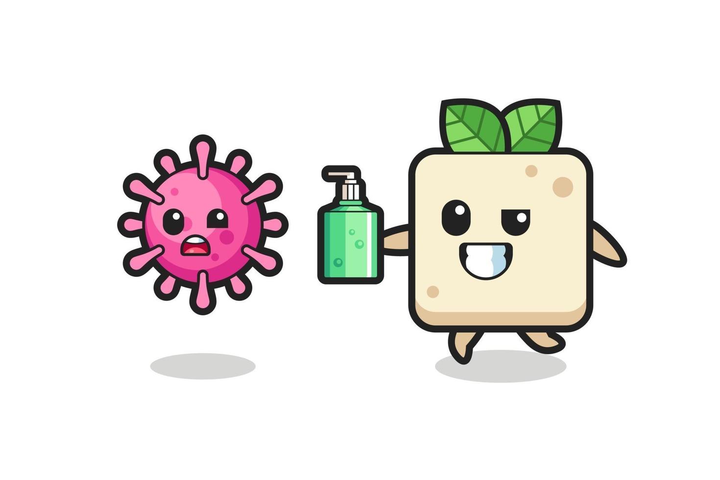 Ilustración del personaje de tofu persiguiendo virus maligno con desinfectante de manos vector
