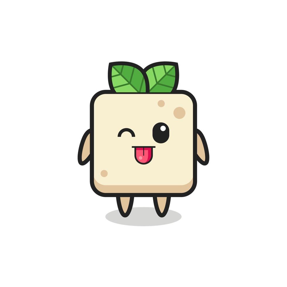 lindo personaje de tofu en dulce expresión mientras saca la lengua vector