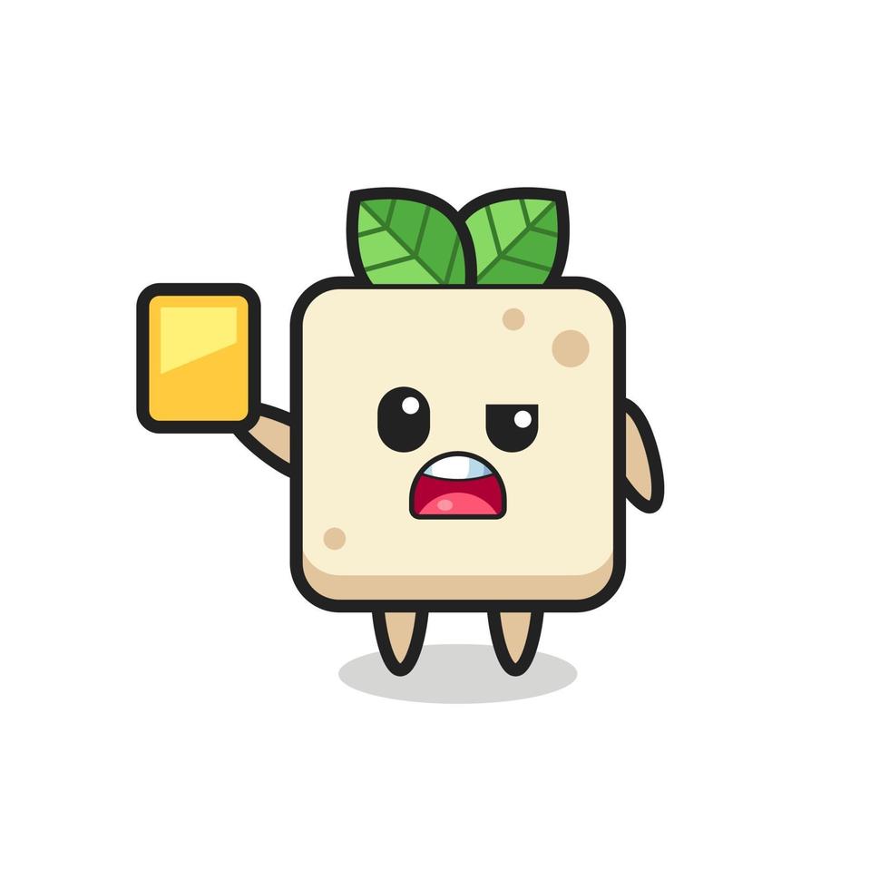 personaje de dibujos animados de tofu como árbitro de fútbol dando una tarjeta amarilla vector