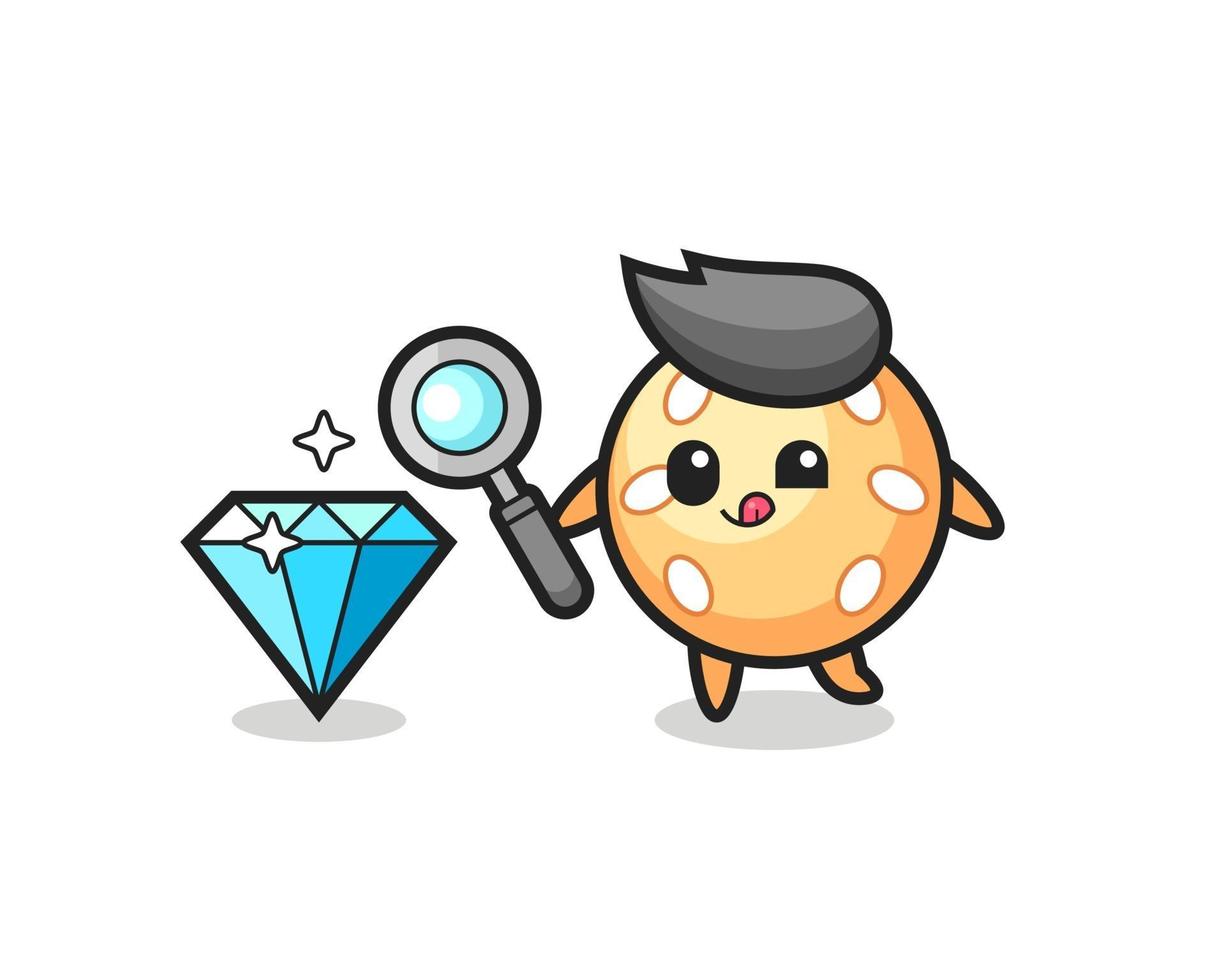 La mascota de la bola de sésamo está comprobando la autenticidad de un diamante. vector